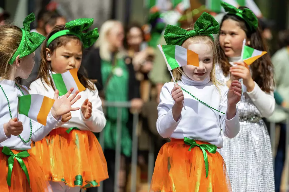 Members of the Whelan Academy of Irish Dance perform during the 174th annual St. Patrick’s Day Parade in San Francisco.